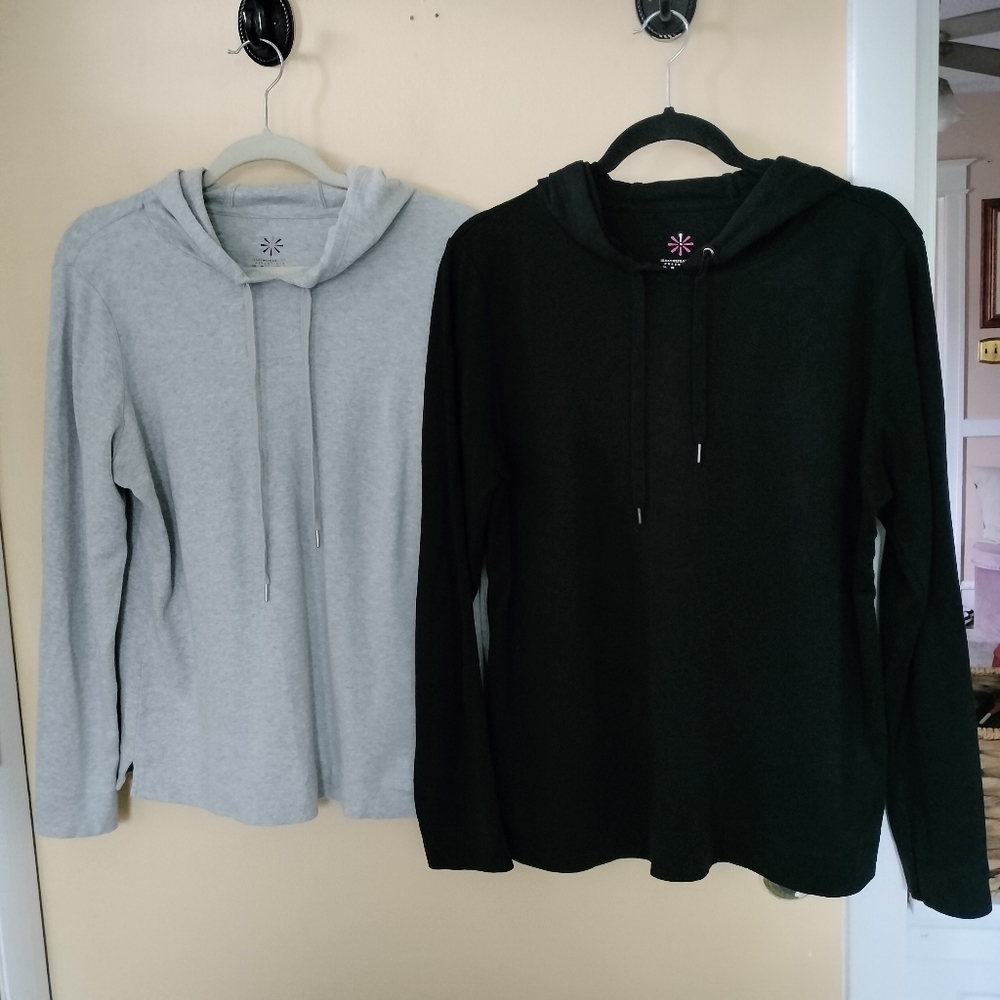Isaac Mizrahi Essentials Set Of 2 Cotton Long Sleeve Hooded Tops M Black Gray